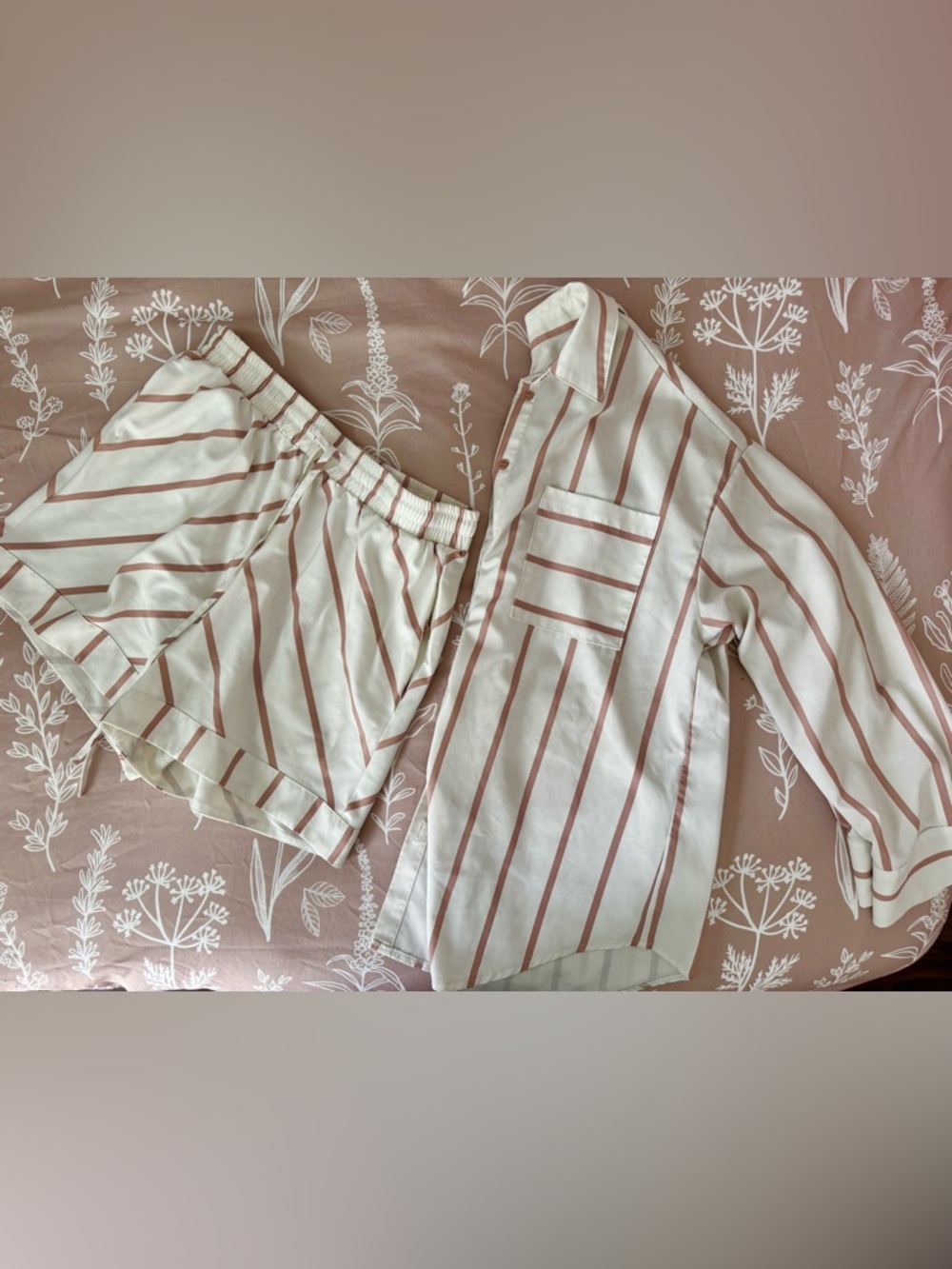White & Cafe Au Lait Striped Matching Set | Button Down & Shorts
